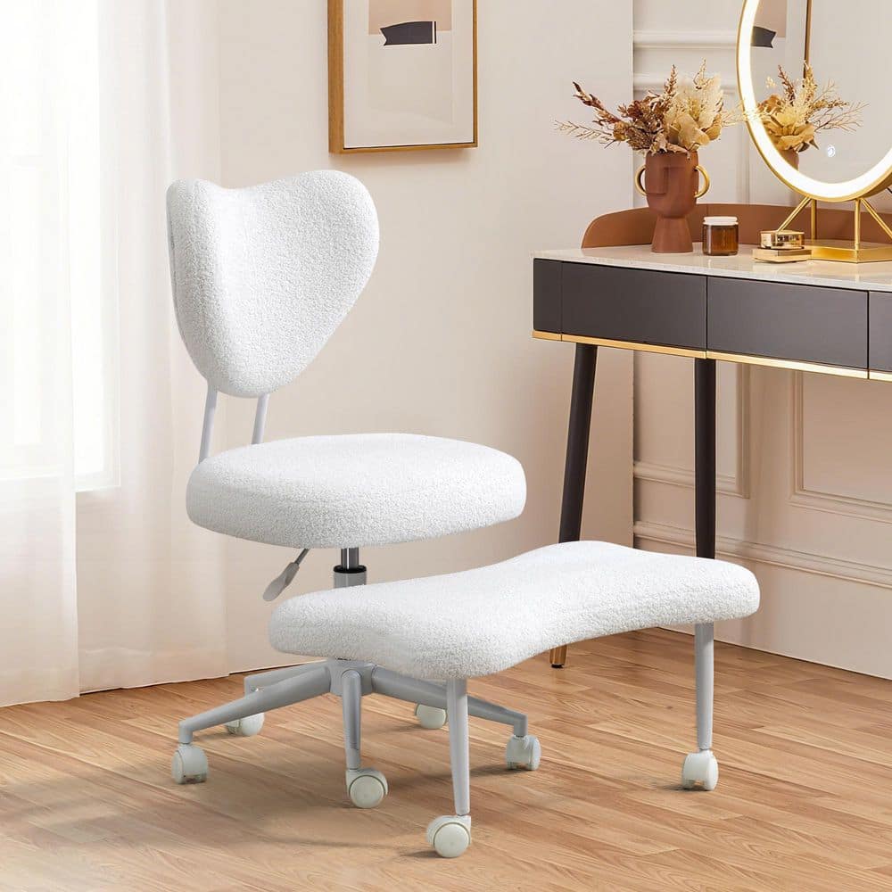 Upholstery Swivel Office Chair & Meditation Chair in Beige with Wheels, Cross-Legged Design, Lumbar Support & Footrest