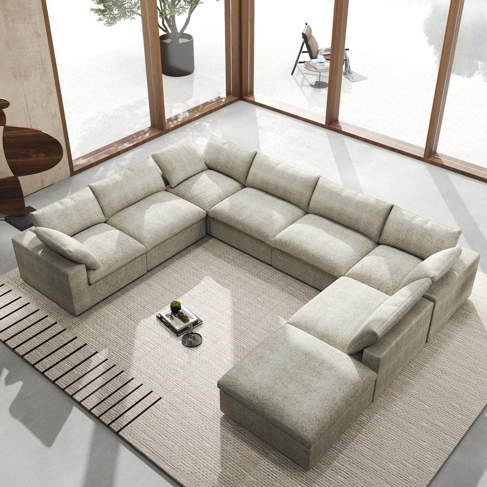 157.3 in. Square Arm 8-Piece Linen Modular Deep Seat U-Shaped Sectional Sofa in Brown with Ottoman and Slipcover