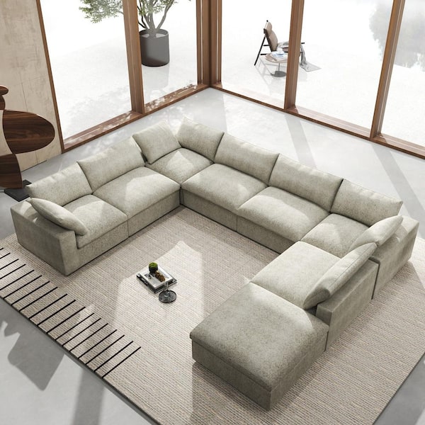 J&E Home 157.3 in. Square Arm 8-Piece Linen Modular Deep Seat U-Shaped Sectional Sofa in Brown with Ottoman and Slipcover