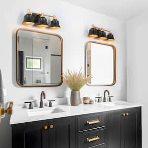 Modern 22 in. 3-Light Painted Black and Gold Bathroom Vanity Light with Bell Metal Shades for Powder Room