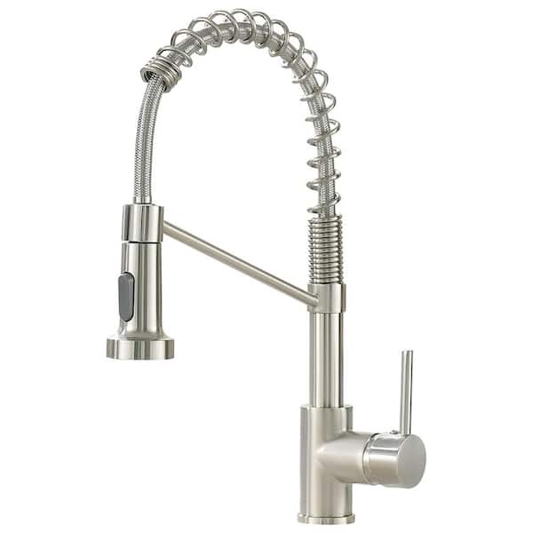 Aosspy Single Handle Gooseneck Pull Down Sprayer Kitchen Faucet with Dual Function Sprayhead in Brushed Nickel