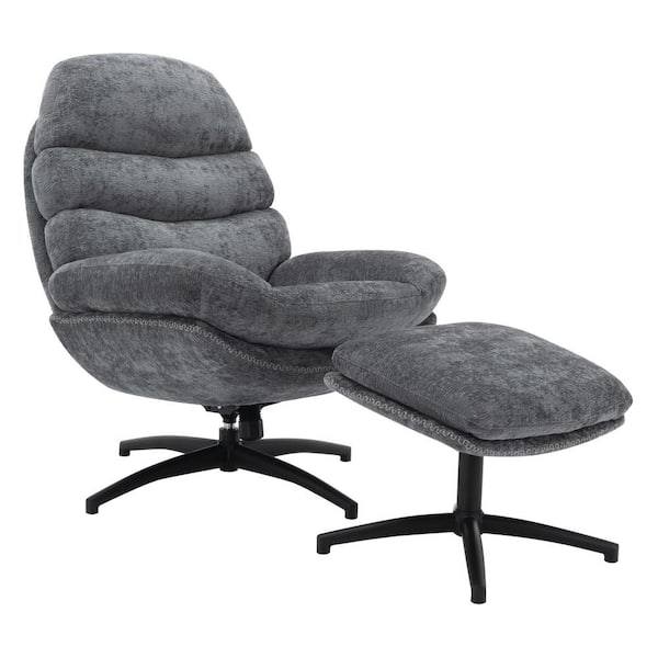 Kerry Swivel Lounge Chair and Footrest in Grey Fabric and Black Base