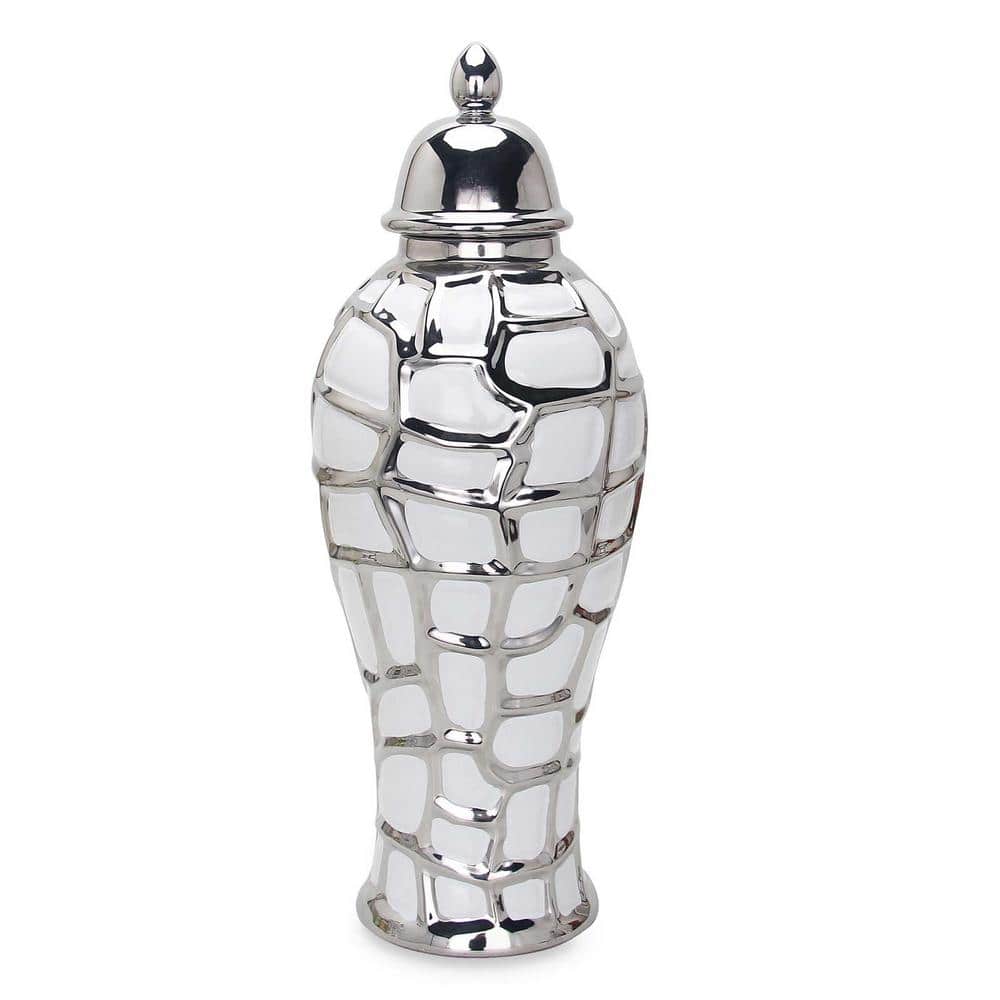 16 in. x 7 in. Regal White and Silver Ceramic Decorative Ginger Jar with Re
