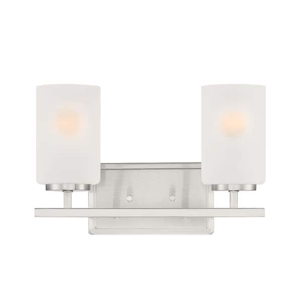 Designers Fountain Carmine 14 in. 2-Light Brushed Nickel Modern Vanity Light with Etched Glass Shades