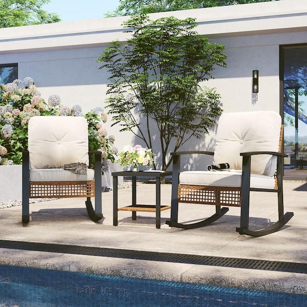 Patio Conversation Black 3-Piece Wicker Round Outdoor Dining Set with CushionGuard Beige Cushions