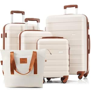 5-Piece Ivory and Brown ABS Hardshell Spinner 16 in., 20 in., 24 in., 28 in. Luggage Set with Expandable Travel Bag