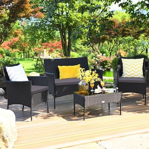4 of Pieces Wicker Patio Seating Set with Tempered Glass Coffee Table and Gray Cushions