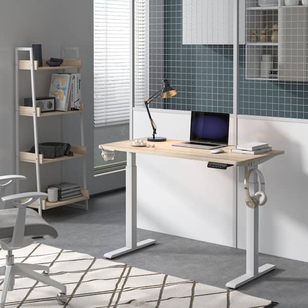 Homy Casa TIFAY 48 in. Natural Beechwood Electric Height Adjustable Standing Desk, Wood and Steel Frame Table with Memory Settings