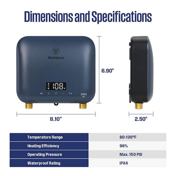 Apolo Mini 6.5 kW 1.32 GPM 240-Volt Smart Point of Use Tankless Electric Water Heater WiFi Enabled, Deep Blue