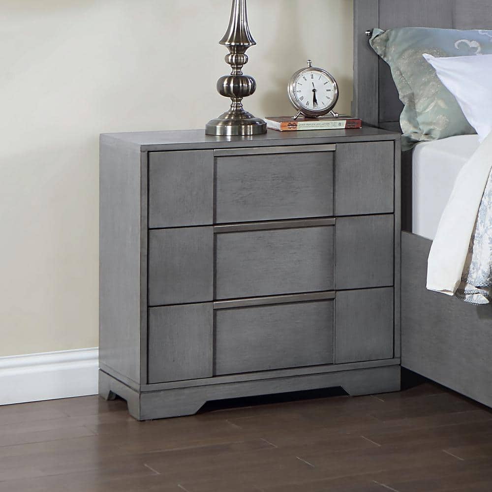 Gray Wood 3-Drawer Nightstand with Metal Handles
