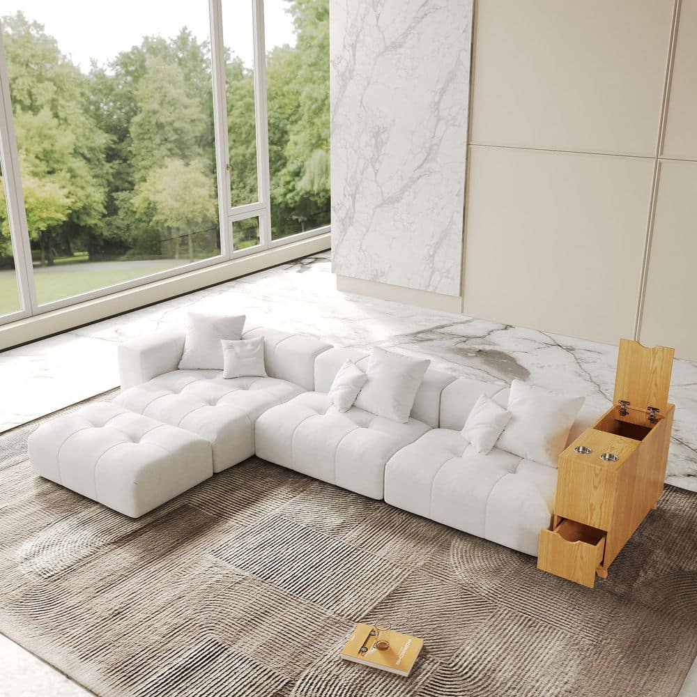159 in. Oversized Square Arm Linen L-Shaped Modular Sectional Sofa 3-Seater with Ottoman in White