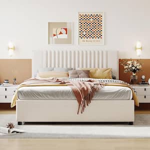 Beige Wood Frame Queen Size Linen Upholstered Platform Bed with Nailhead Trim Headboard and 4-Drawer