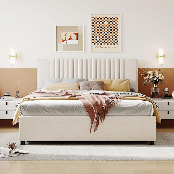 Harper & Bright Designs Beige Wood Frame Queen Size Linen Upholstered Platform Bed with Nailhead Trim Headboard and 4-Drawer