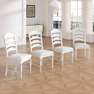 2 Piece Wood White Frame Patio Dining Chair Garden and Outdoor Side Chair with White Cushions and Padded Backs