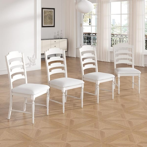 4-Piece Wood White Frame Patio Dining Chair Garden and Outdoor Side Chair with White Cushions and Serrated Dining Backs