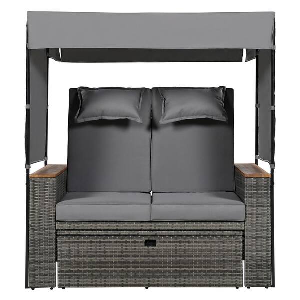 Unbranded 2-Piece Grey Wicker Outdoor Patio Bench Lounge Roof Set, with Grey Cushions and Adjustable Backrest for Garden