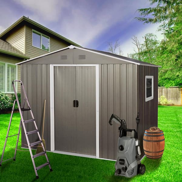 8 ft. W x 6 ft. D Metal Storage Shed Outdoor Tool Room with Foundation, Window and Shelf, Gray (36 sq. ft.)