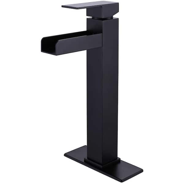 AIMADI Single Handle Waterfall Bathroom Vessel Sink Faucet with Deckplate 1-Hole High Tall Bathroom Faucets in Matte Black