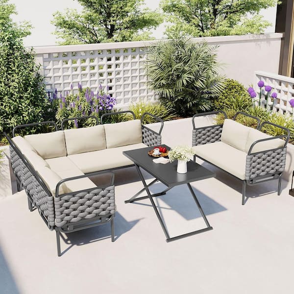 Unbranded Modern Woven Rope Furniture Set Seat 7, 5-Piece Metal Outdoor Sectional Sofa Set with Beige Cushions and Glass Table