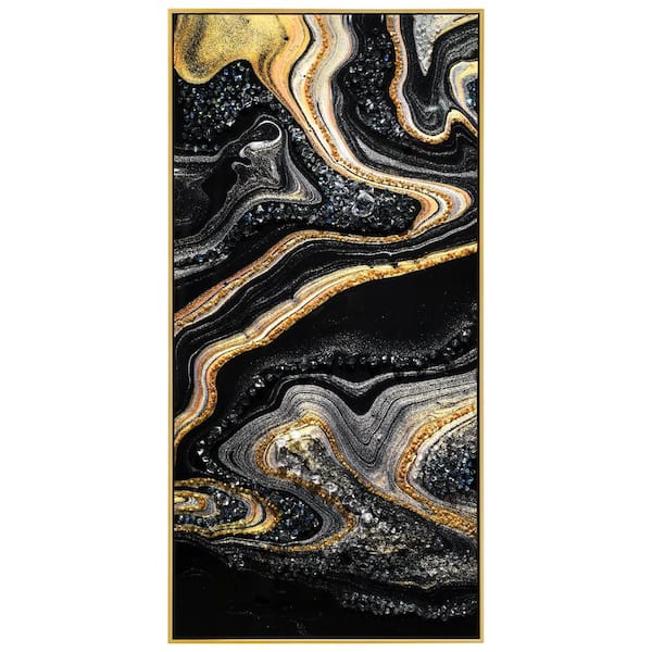 "Golden Veins I" Crystallus Epoxy Coated Wrapped Framed Glossy Abstract Canvas Wall Art, 24 in. x 48 in.
