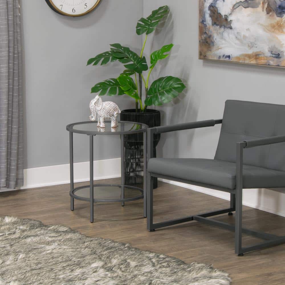 Pewter Round Metal and Glass End Table, 20 Inches