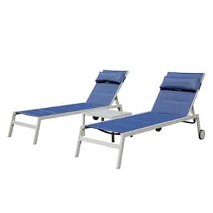3-Piece Navy Blue Metal Patio Outdoor Chaise Lounge Textilene Padded Adjustable Recliner with Side Table and Wheels