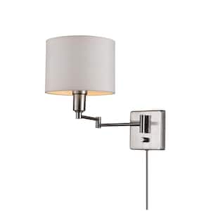 Anderson 1-Light Brushed Steel Plug-In or Hardwire Wall Sconce with White Fabric Shade and 6 ft. Cord