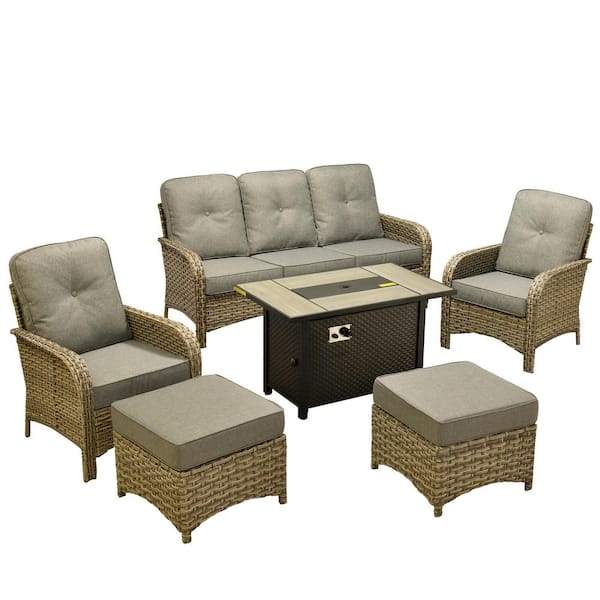 Beverly Gray 6-Piece Wicker Outdoor Patio Conversation Sofa Set with Metal Fire Pit and Dark Gray Cushions