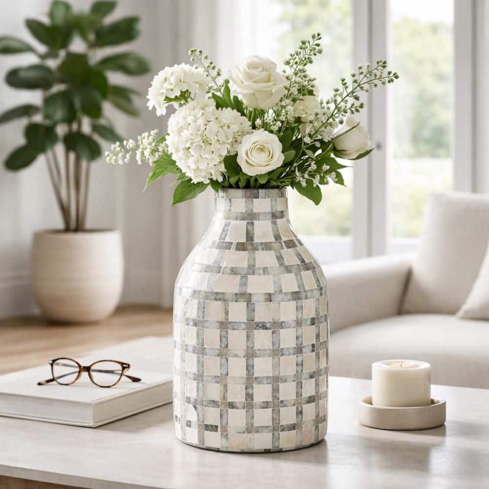 Liv & Skye 12 in. Beige/Blue Capiz Shell Checkered Pattern Bottle ...