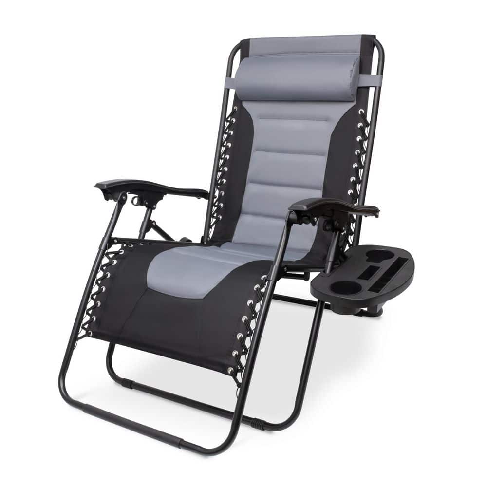 Zero Gravity Black and Grey Metal Padded Folding Chair with Cup