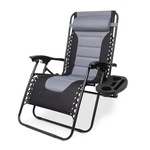 Zero Gravity Black and Grey Metal Padded Folding Chair with Cup