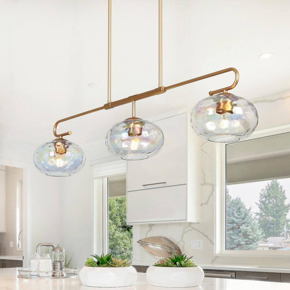 Chrysa Modern 3-Light Painted Gold Linear Island Chandelier with Iridescent Glass Globes for Kitchen, Dining Room or Bar price history on PriceWatchPro
