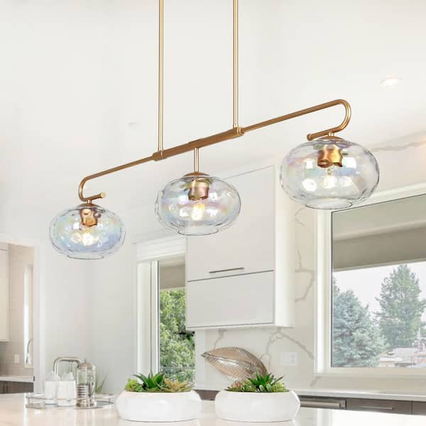 Modern 3-Light Satin Gold Island Linear Chandelier with Iridescent Glass Globes for Kitchen, Dining Room, and Bar Areas
