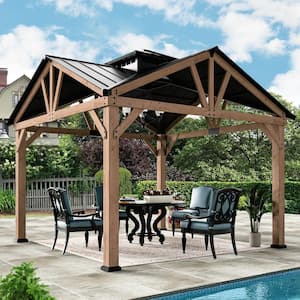 Ultra Series 12 ft. x 12 ft. Cedar Wood Frame Hardtop Gazebo Brown with Steel Roof, Water Resist, Wind Resistant