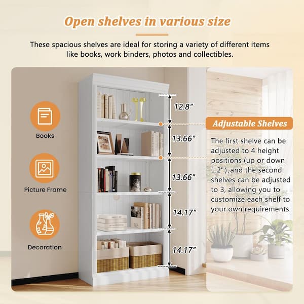 83.4 in. Tall White Wood 5-Shelf Bookcase with Adjustable Storage Shelves