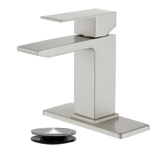 Single Handle Single Hole Bathroom Faucet with Deckplate&Drain Included, Square Bathroom Faucet in Brushed Nickel