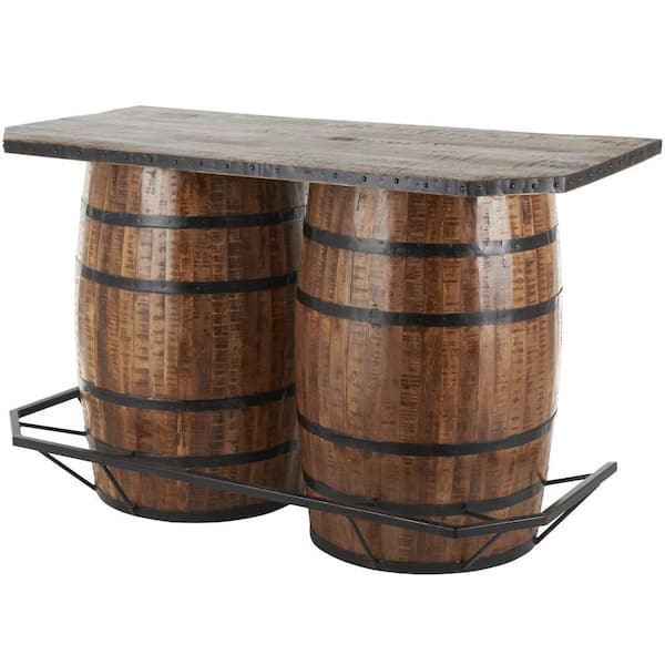 Brown Barrels Bar with Live Edge Tabletop and Black Metal Support