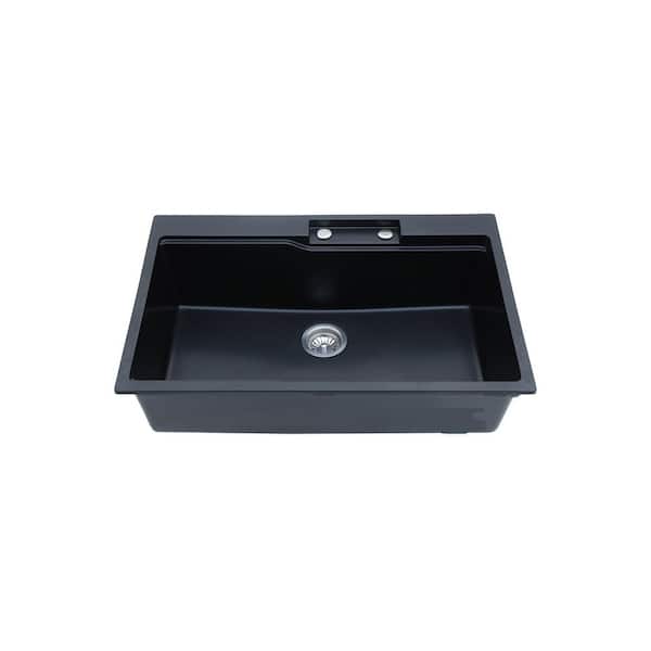 33 in. Drop-In Single Bowl Black Quartz Kitchen Sink withPull-Out Faucet and Bottom Grids
