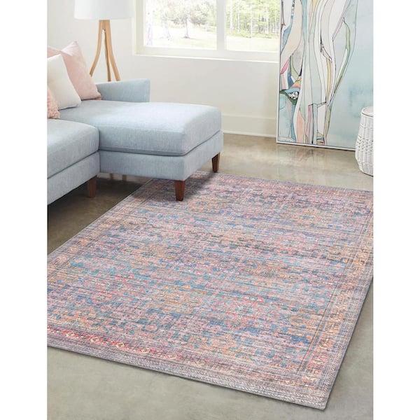 Nostalgia Bliss Antique Blue 7 ft. x 10 ft. Machine Washable Area Rug