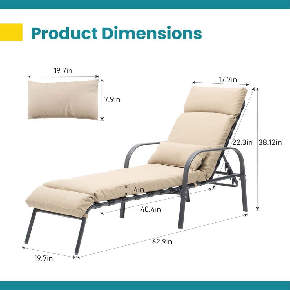 Tan Adjustable Steel Frame Outdoor Chaise Lounge with Cushion