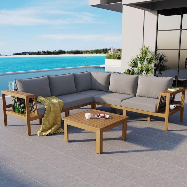 4-Piece Acacia Wood Outdoor Woven Mesh Armrests L-shaped Sectional Sofa Set with Soft Gray Cushion and Coffee Table