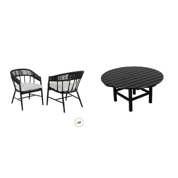 Aspenwood Wicker Outdoor Dining Chair with White Cushions (2-Pack) and Black 38 in. Round Patio Table Combo