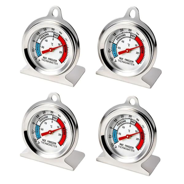 White Analog Refrigerator Thermometer, Waterproof, Classic Style, Stainless Steel, Freezer Safe, 4-Pack