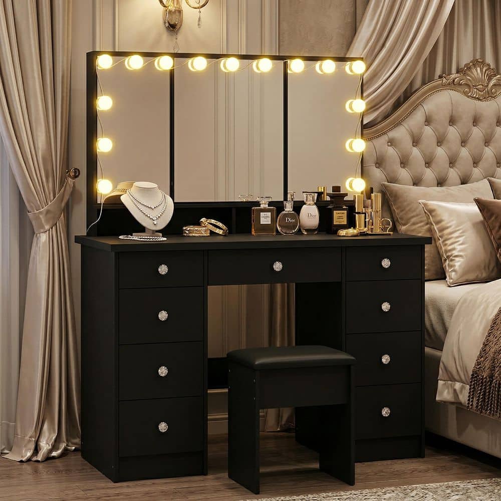 FUFU&GAGA Black Modern Makeup Vanity Desk 9-Drawers Wood Dressing Table With 3-Mirrors, Hidden Storage Shelves, LED Bulb Lights