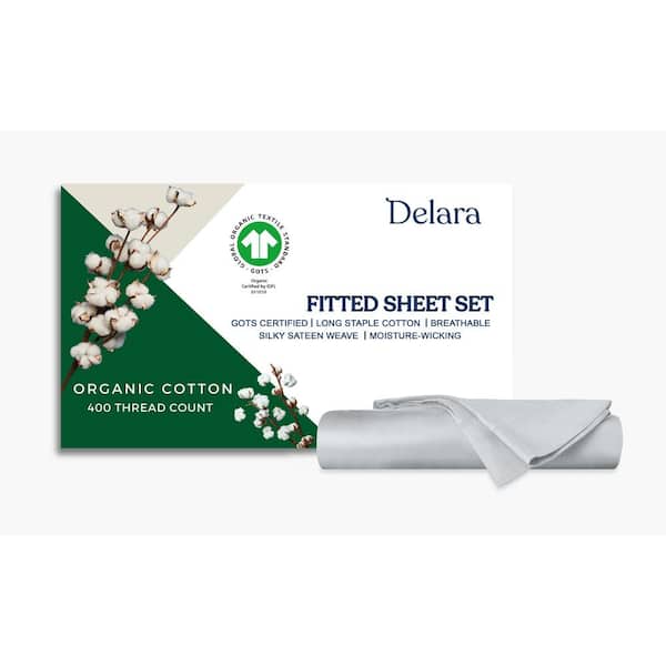 Delara 2-Piece Set Light Grey Solid 100% Organic Cotton Sheets, Twin, Smooth and Breathable, Super Soft Fitted Sheet Sets