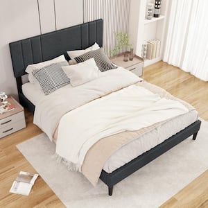Gray Wood Frame Queen Size Platform Bed w/ Vertical Channel Tufted Headboard & Wooden Slats
