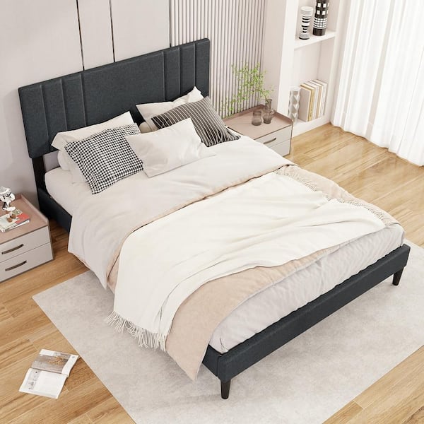 Gray Wood Frame Queen Size Platform Bed w/ Vertical Channel Tufted Headboard & Wooden Slats