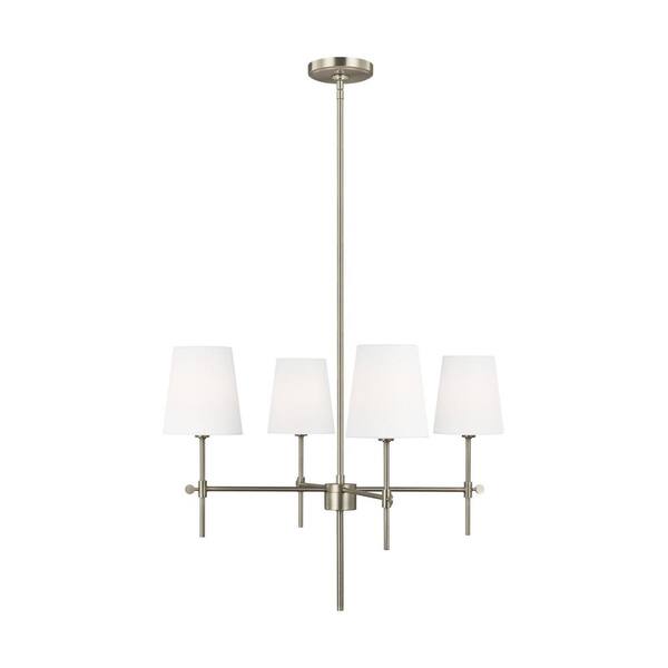 Generation Lighting Baker 4-Light Antique Brushed Nickel Hanging Chandelier With White Linen Fabric Shades