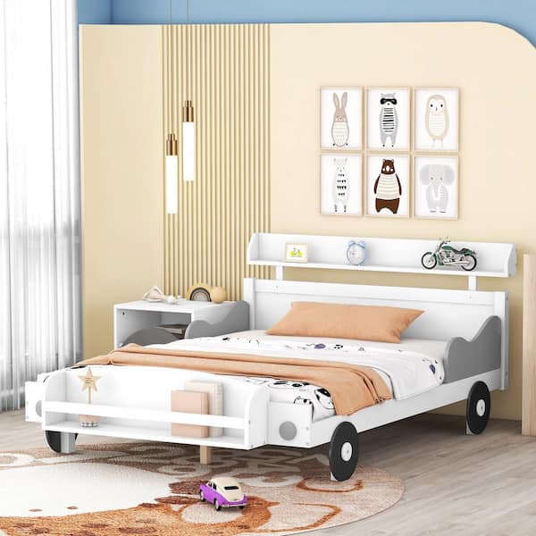Harper & Bright Designs White Full Size Car-Shaped Platform Bed with Storage Shelves