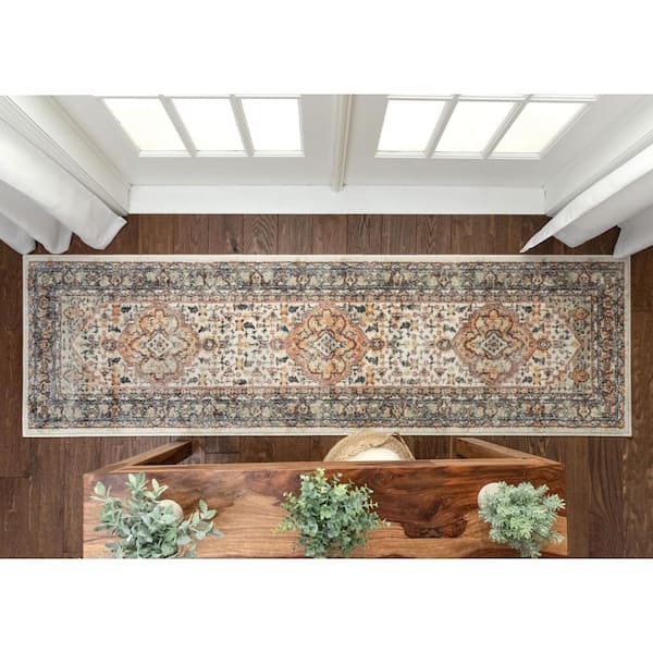 Rodeo Carno Bohemian Eclectic Beige 2 ft. 7 in. x 9 ft. 10 in. Medallion Oriental Runner Distressed Runner Rug